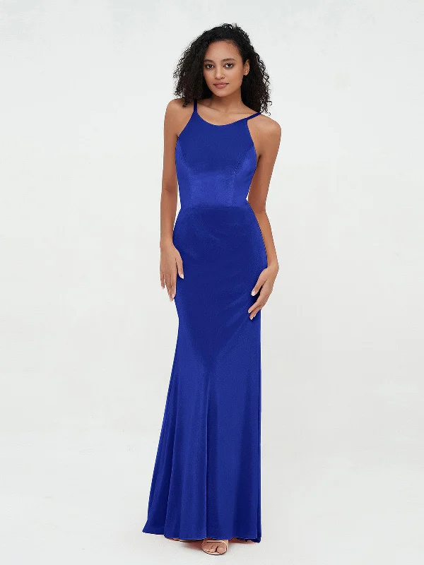 Scoop Neck Velvet Dresses with Sweep Train Royal Blue