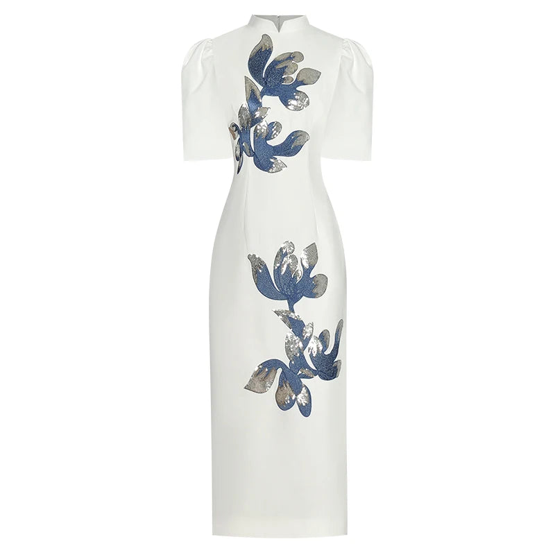 Sequins Embroidery Chinese Qipao Pencil Midi Dress