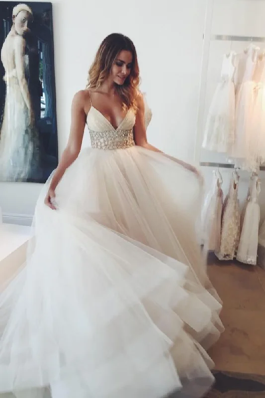 A Line Sexy Ivory V-Neck Spaghetti Straps Tulle Wedding Dresses