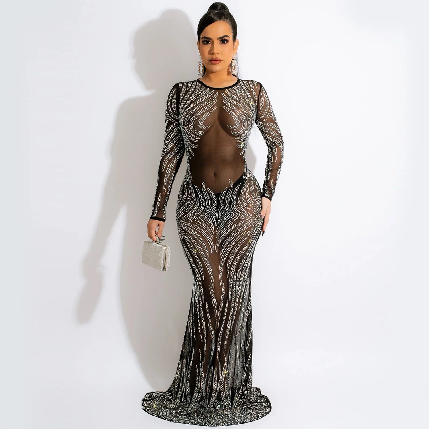 Sexy Evening Club Party Dress Women Autumn Long Sleeve Mesh Maxi Dress