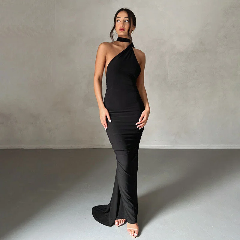 BerryBetty - Solid Color One Shoulder Ruched Evening Maxi Dress - Black