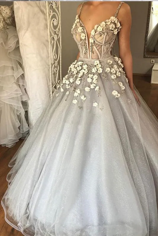 Sexy Straps Ball Gown Appliqued Deep V-Neck Beaded Wedding Dresses