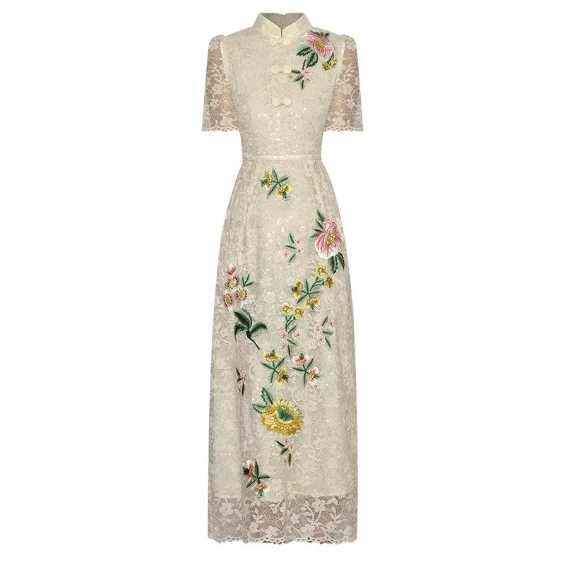 Short Sleeve Flower Embroidery Qipao Midi Dress