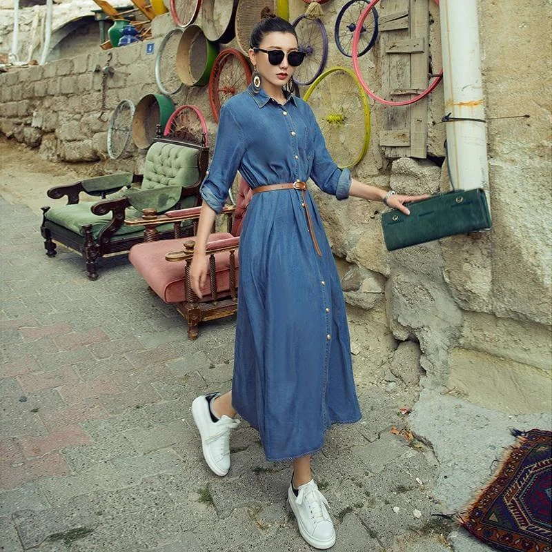 Sky Blue Spring Vintage Denim Shirt Maxi Dress