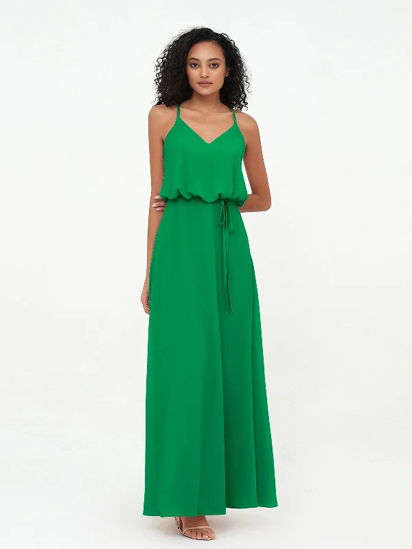 Spaghetti Staps V-neckline Chiffon Gowns-Emerald