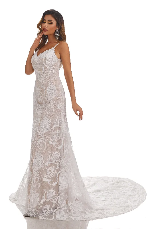 Spaghetti Straps Sweetheart Sleeveless Lace Wedding Dresses