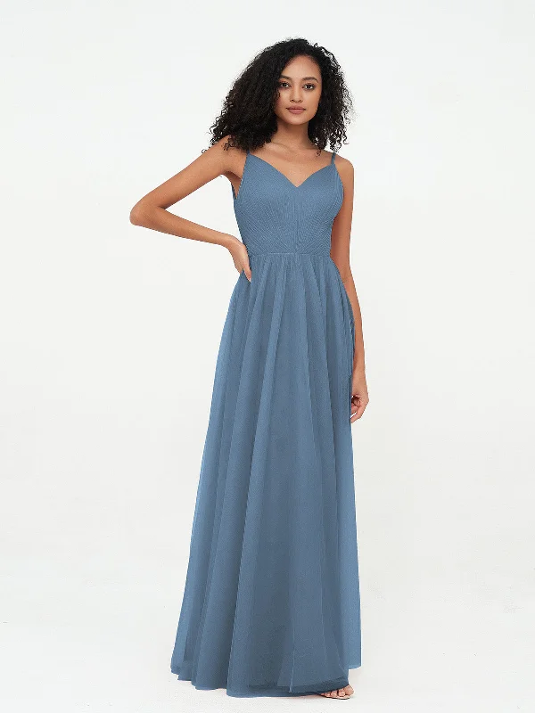 Spaghetti Straps Tulle Pleated Max Dresses-Slate Blue