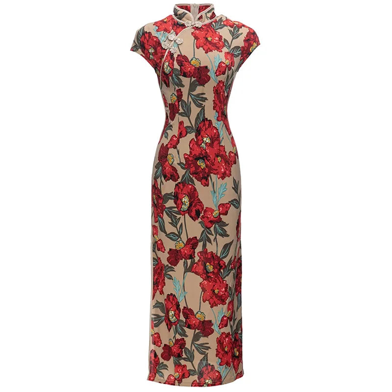 Square Collar Flowers Print  Chinese Style Midi Dress