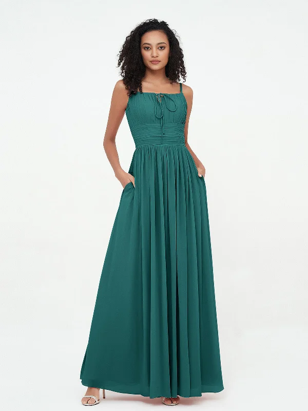 Square Neck Chiffon Max Dresses with Pockets Peacock