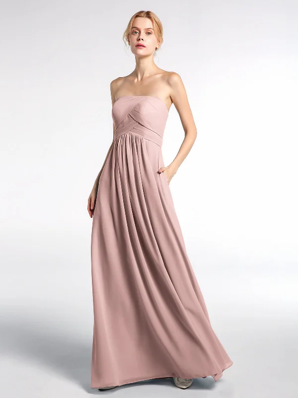 Strapless Chiffon Empire Waist Dress with Pockets-Dusty Rose