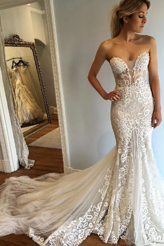 Strapless Mermaid Court Train Sweetheart Wedding Dress with Lace Appliques N530