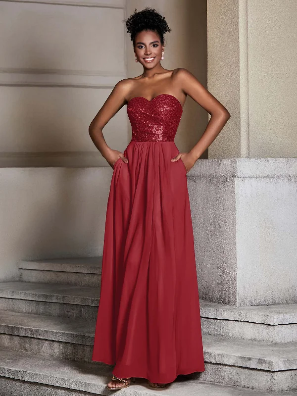 Strapless Sweetheart Sequins Lace Top Chiffon Dress-Burgundy