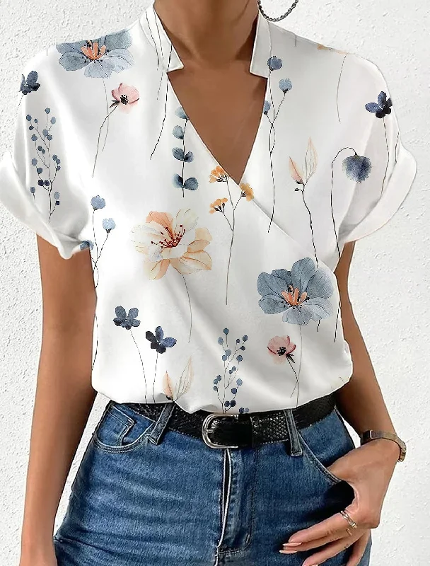 Summer Loose V-neck Stand Collar Printed Shirt