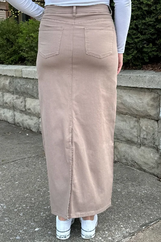 Taylee Denim Maxi Skirt in Taupe