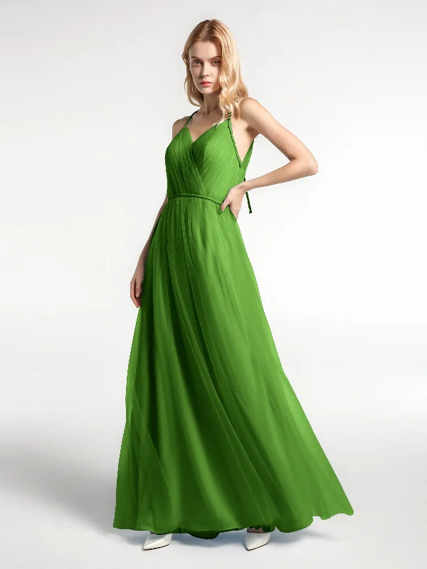 Twist Straps Tulle Maxi Dress with V Neckline Moss