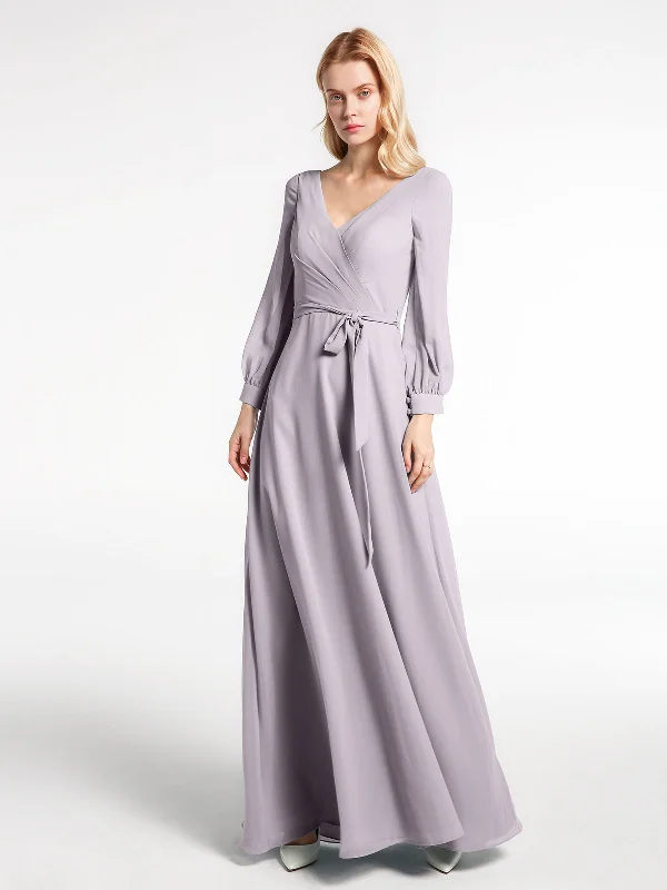 V-neck Bishop Sleeves Chiffon Dress with Bow-Dusk