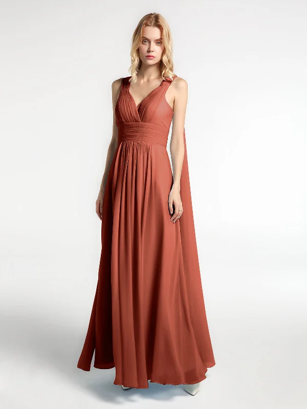 V-neck Chiffon Gown with Streamer at Back Strap-Rust