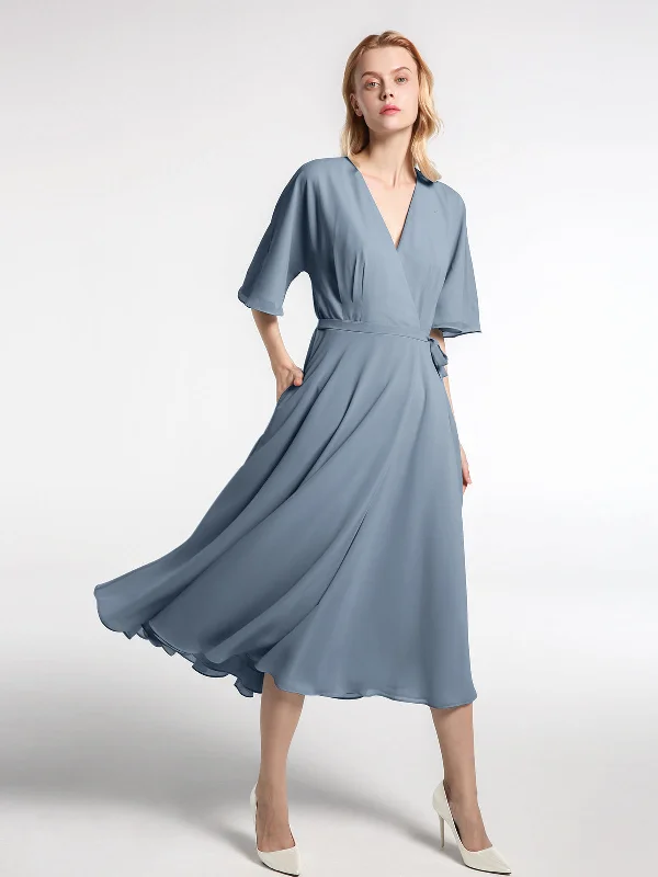 V-neck Half Sleeves Tea Length Chiffon Dress-Dusty Blue