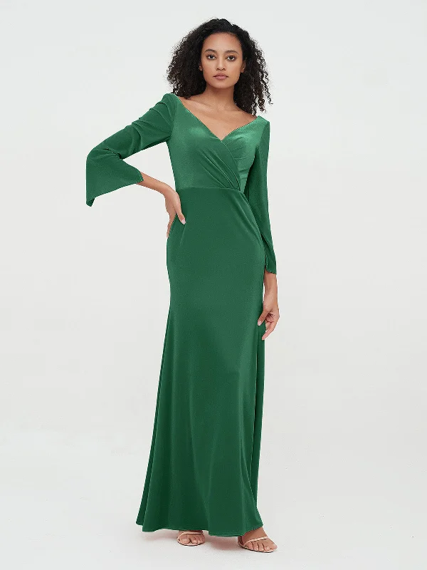 V neck Mermaid Velvet Max Dresses with Sleeves Dark Green