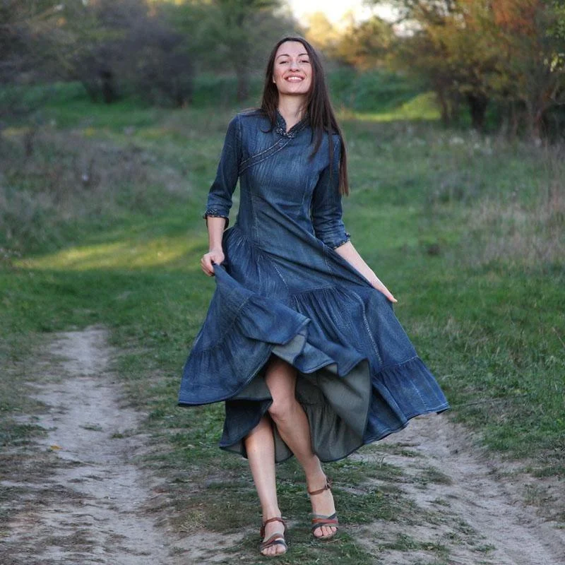 Vintage Women Three Quarter Sleeve A-Line Blue Denim Maxi Dress