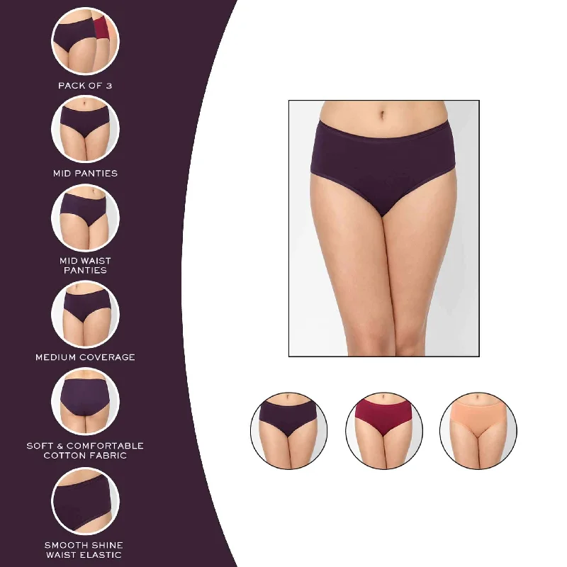 Cotton Midi - Mid Waist Mid Coverage Solid Pack of 3 Panties