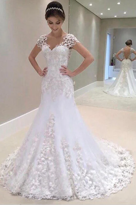 White Lace Appliques Cap Sleeves Open Back Wedding Dresses Sheath Sweep Train Bridal Dresses