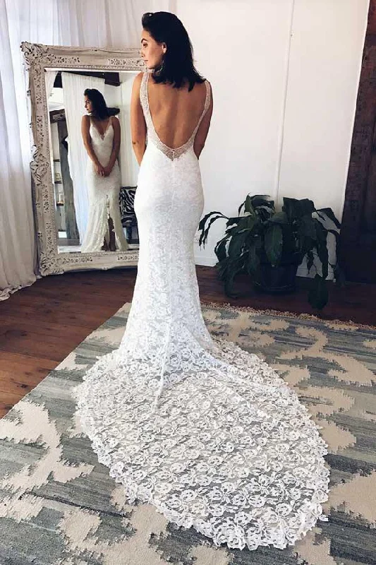 Mermaid Deep V-Neck Court Train Split Backless Beach Lace Wedding Dresses N460