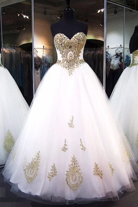 Sweetheart Floor Length Ball Gown Bridal Dresses with Gold Lace Appliques N430