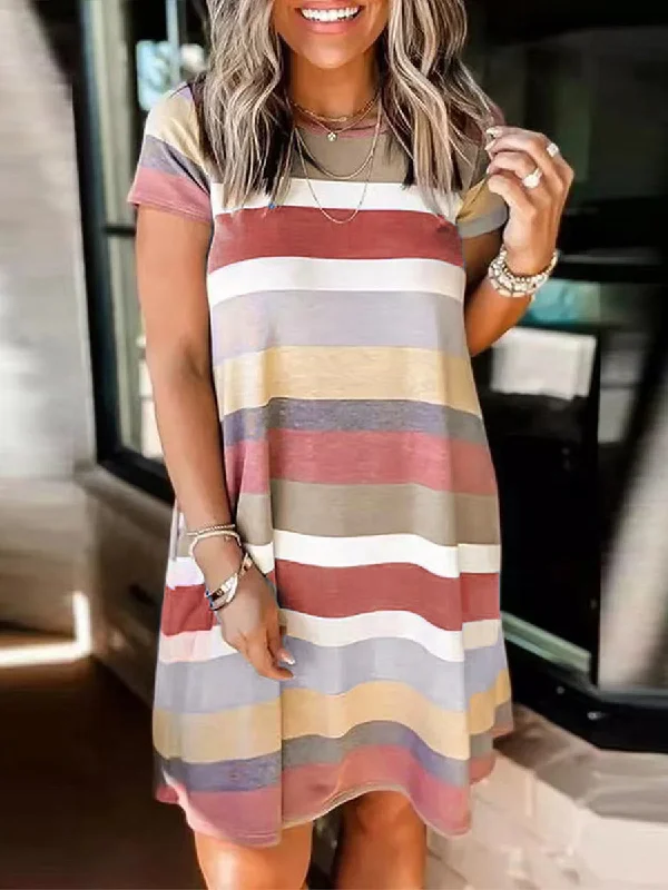 Loose Fashion Color Matching Stripe Print Short Sleeve Mini Dress