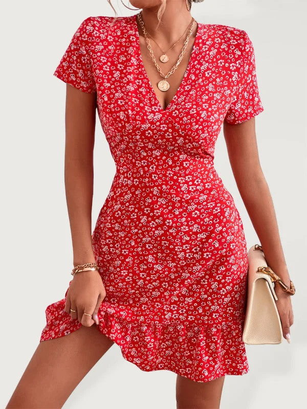 BerryBetty - Women's Woven V Neck Short Sleeve Printed Dress